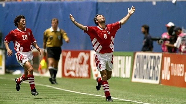 Hristo Stoichkov celebrates Bulgaria's equalizer against Germany in 1994